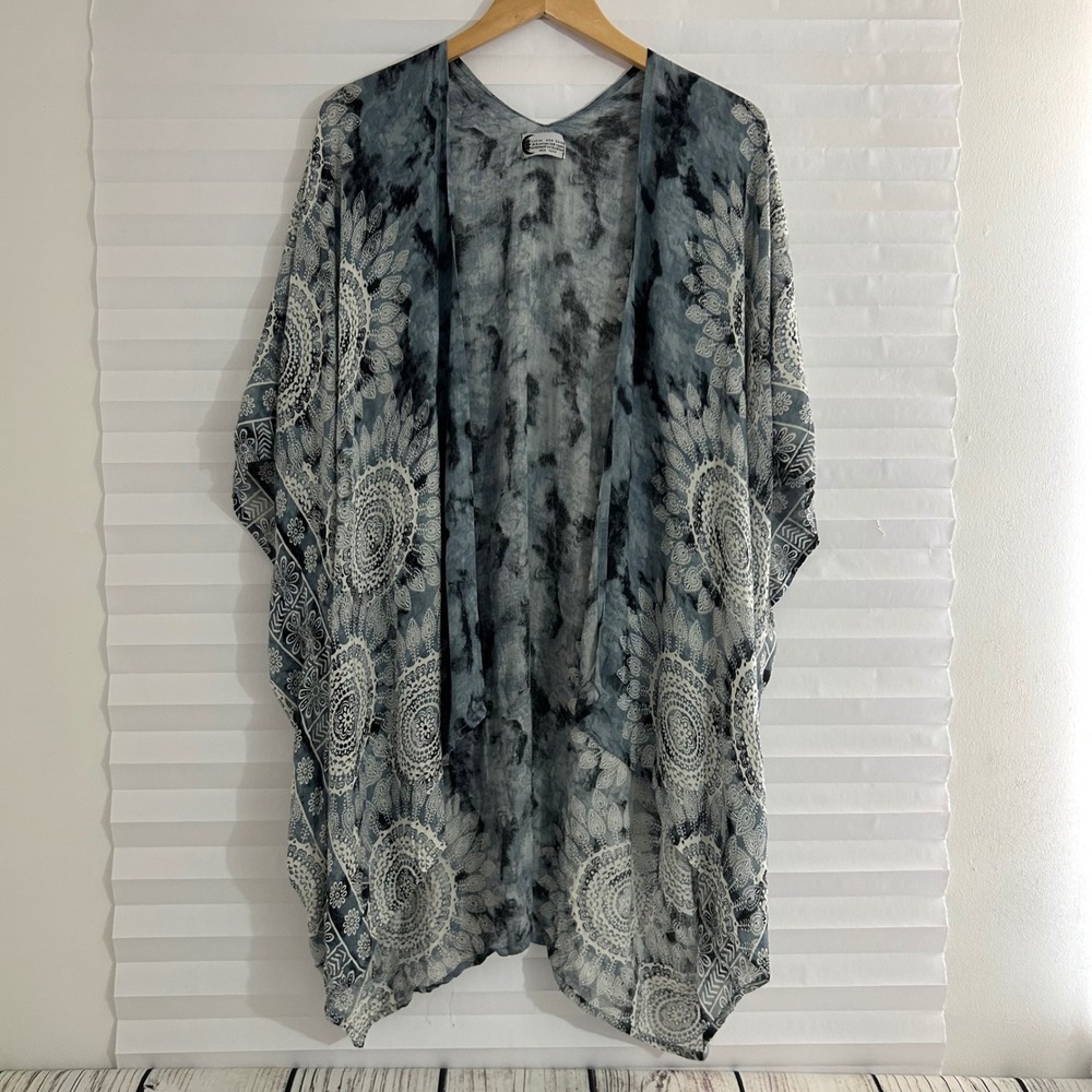 Lotus and Luna Blue Tie Dye Mandala Kimono Wrap One Size Handmade Thailand